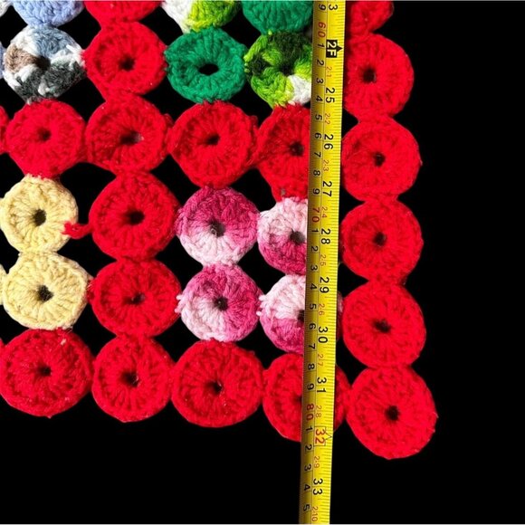 Vintage Afghan Crocheted Blanket Throw Red Rainbow Rings Handmade Retro Granny - Picture 7 of 8
